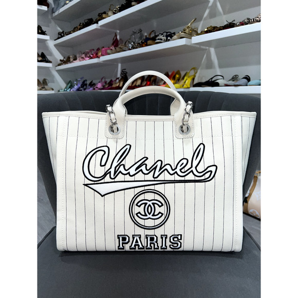 Chanel 23P Deauville White Ecru Black Stripe Large Shopping 30cm Handle Tote Bag - Picture 2 of 10